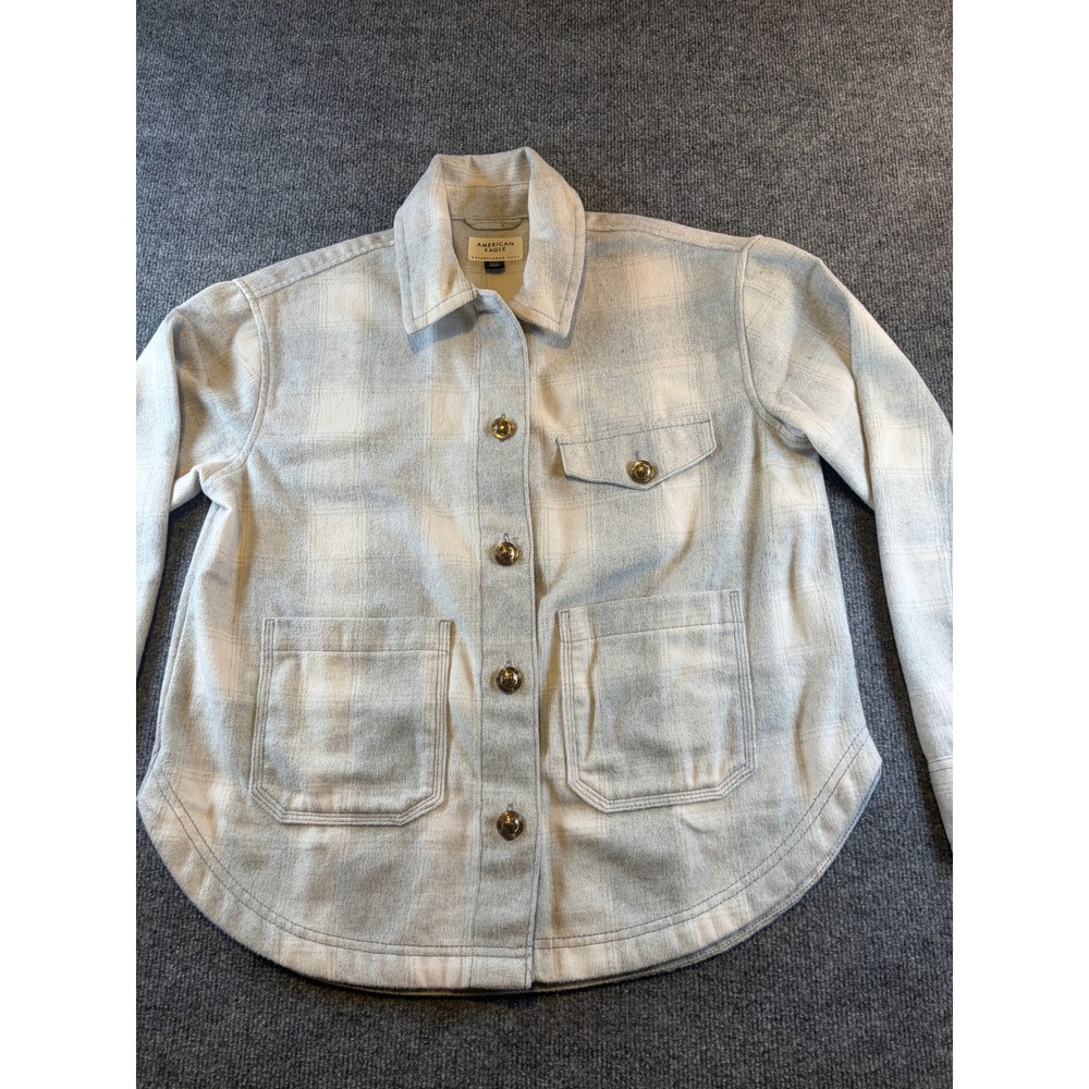 American Eagle Grey Plaid Flannel Shirt Jacket Shacket Womens Small S Pockets